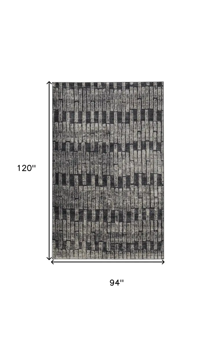 8' X 10' Gray and Black Geometric Power Loom Worn Faded Area Rug