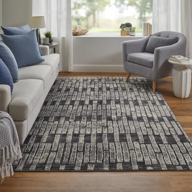 8' X 10' Gray and Black Geometric Power Loom Worn Faded Area Rug