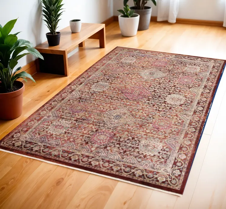 4' X 6' Red and Pink Oriental Power Loom Area Rug