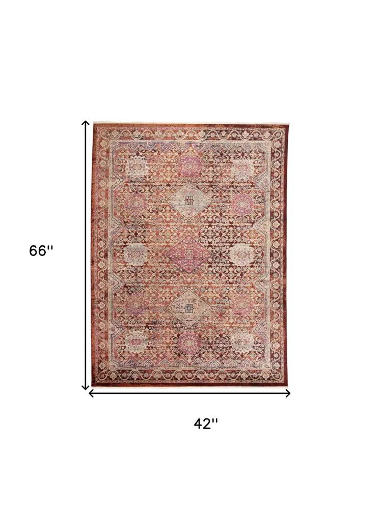 4' X 6' Red and Pink Oriental Power Loom Area Rug