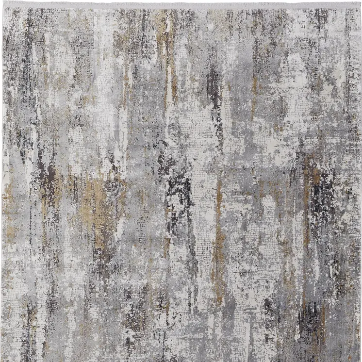 3' X 5' Gray Ivory and Gold Abstract Power Loom Area Rug With Fringe