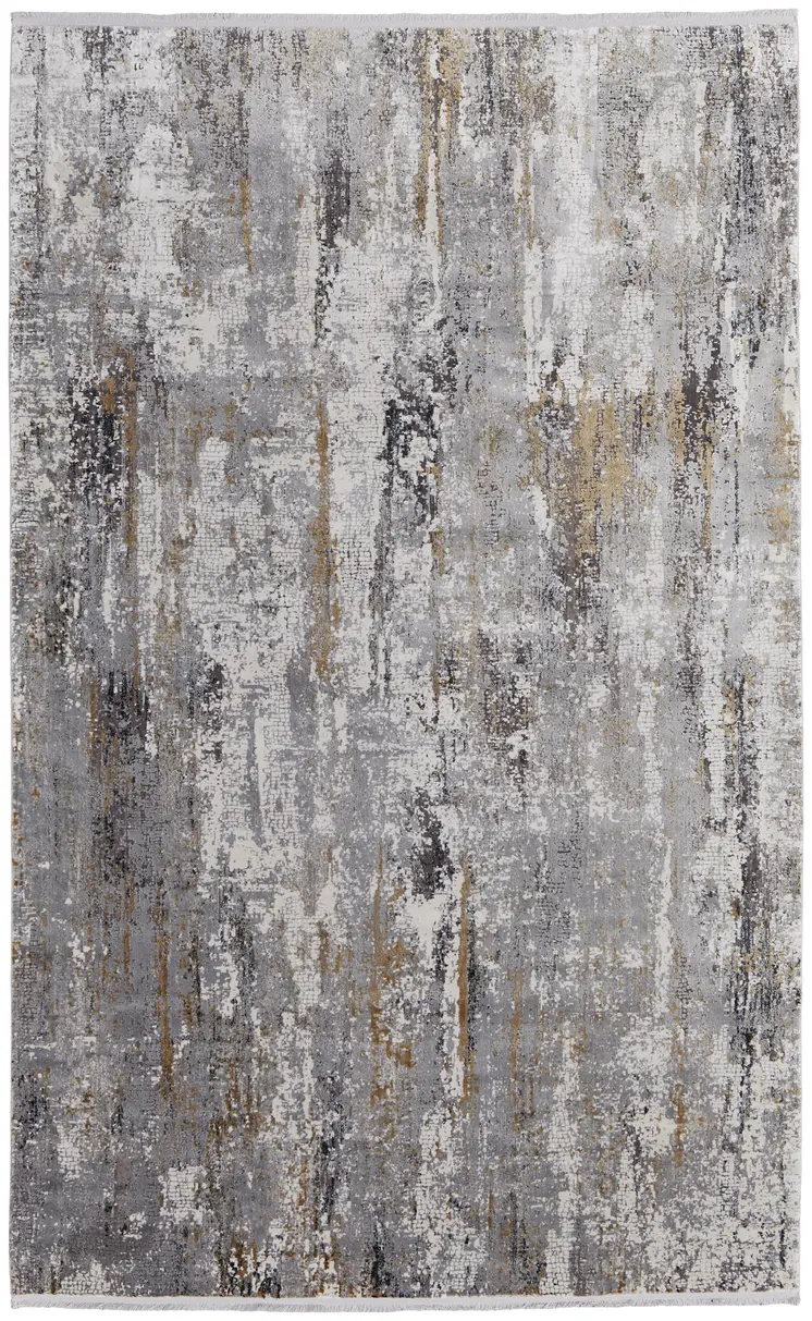 5' X 8' Gray Ivory and Gold Abstract Power Loom Area Rug With Fringe