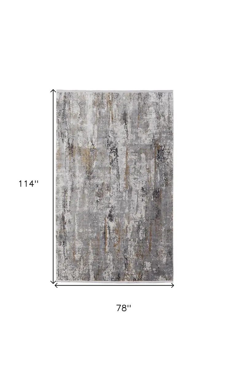 7' X 10' Gray Ivory and Gold Abstract Power Loom Area Rug With Fringe