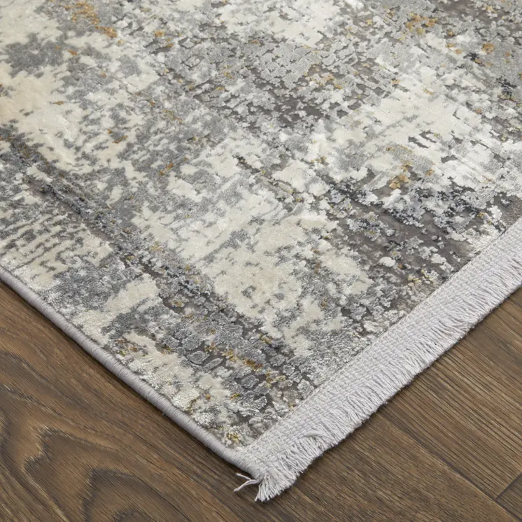 10' Gray Ivory and Gold Abstract Power Loom Runner Rug With Fringe