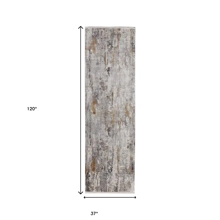 10' Gray Ivory and Gold Abstract Power Loom Runner Rug With Fringe
