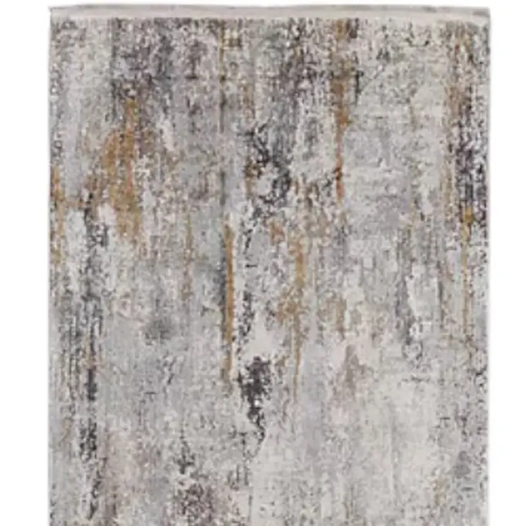 10' Gray Ivory and Gold Abstract Power Loom Runner Rug With Fringe