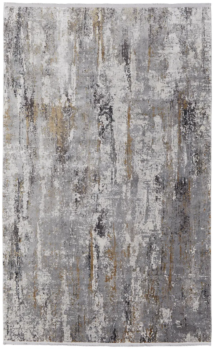 12' X 18' Gray Ivory and Gold Abstract Power Loom Area Rug With Fringe