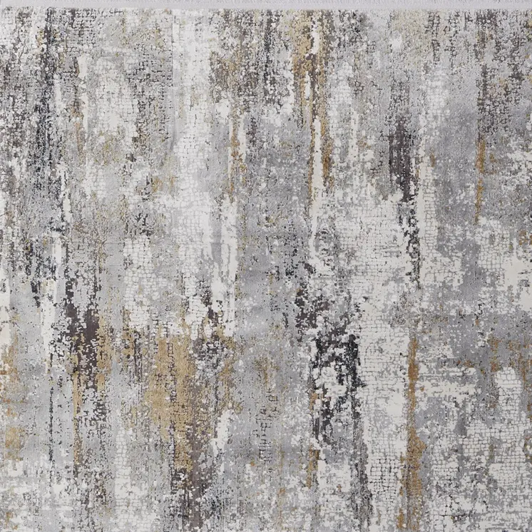 12' X 18' Gray Ivory and Gold Abstract Power Loom Area Rug With Fringe
