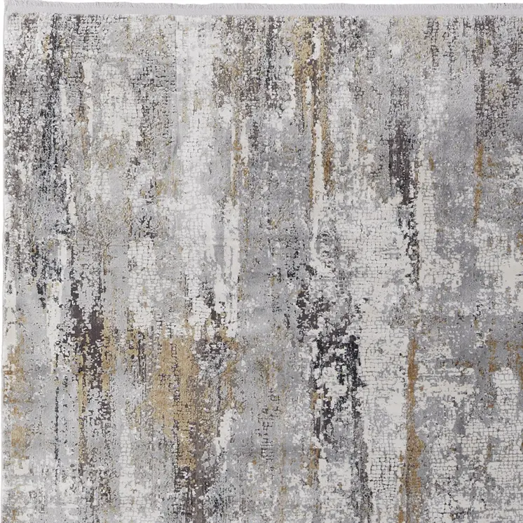 13' X 20' Gray Ivory and Gold Abstract Power Loom Area Rug With Fringe