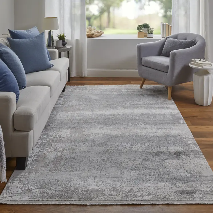 8' X 11' Gray Abstract Power Loom Area Rug With Fringe