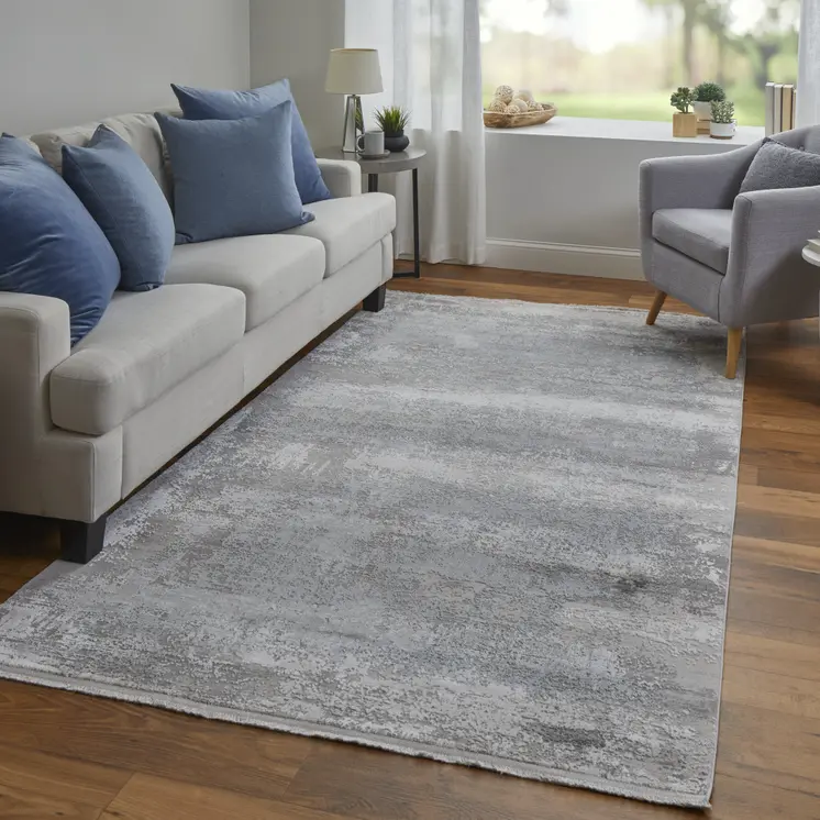 8' X 11' Gray Abstract Power Loom Area Rug With Fringe