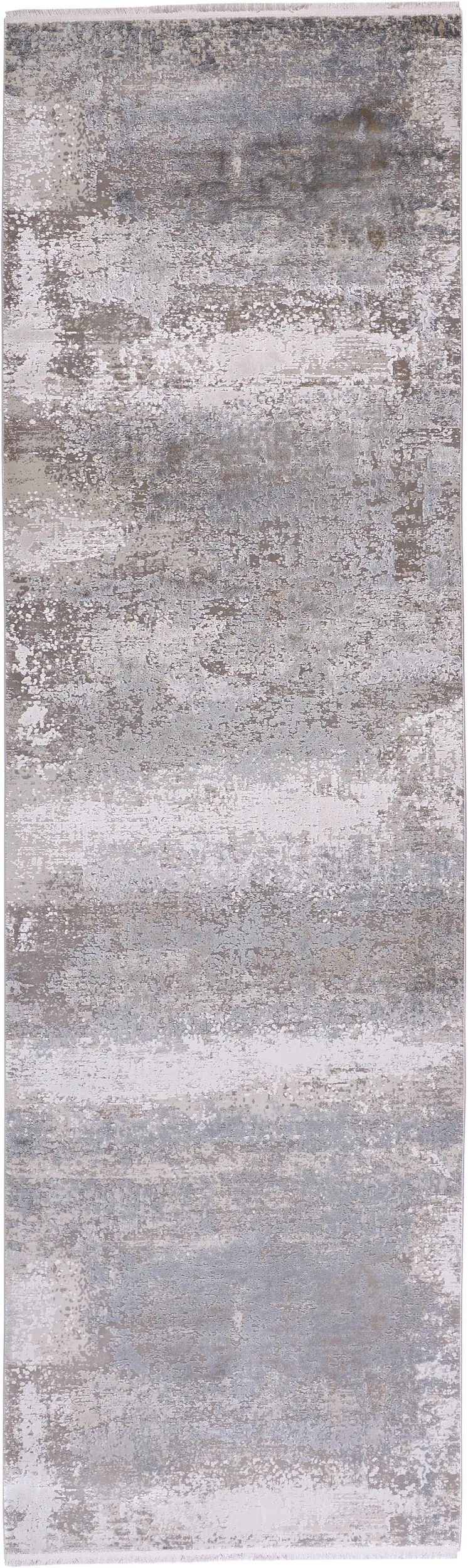 10' Gray Abstract Power Loom Runner Rug With Fringe