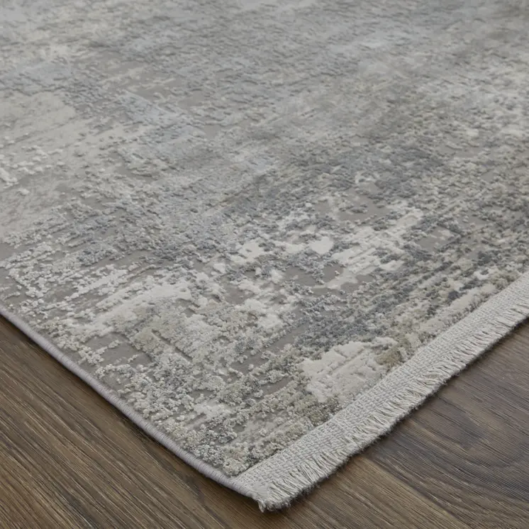 10' Gray Abstract Power Loom Runner Rug With Fringe