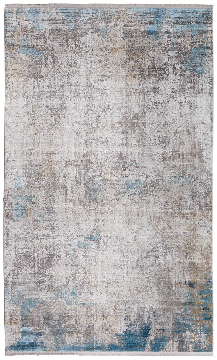 7' X 10' Ivory Gray and Blue Abstract Power Loom Area Rug With Fringe