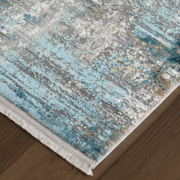 10' Ivory Gray and Blue Abstract Power Loom Runner Rug With Fringe