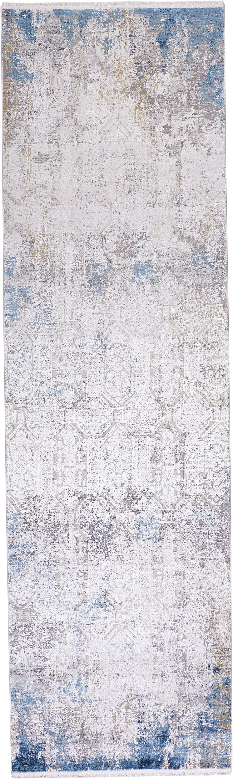 10' Ivory Gray and Blue Abstract Power Loom Runner Rug With Fringe