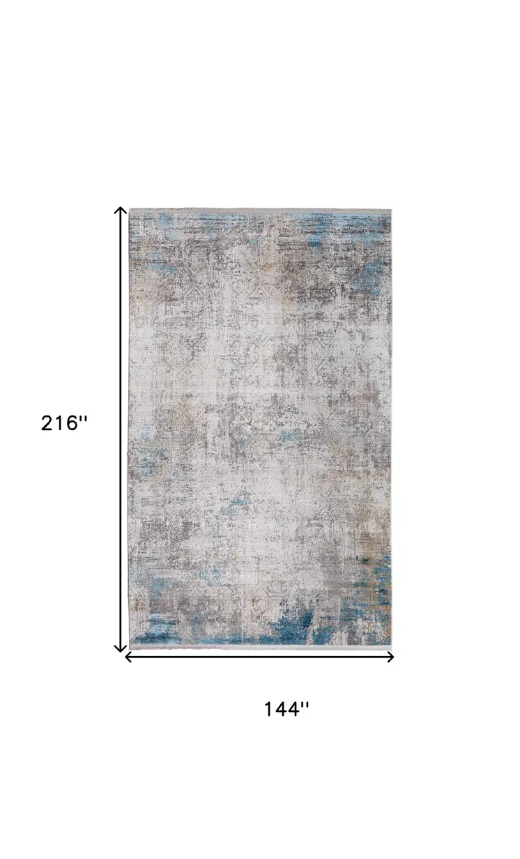 12' X 18' Ivory Gray and Blue Abstract Power Loom Area Rug With Fringe