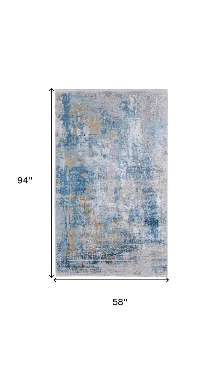 5' X 8' Blue Gold and Gray Abstract Power Loom Area Rug With Fringe