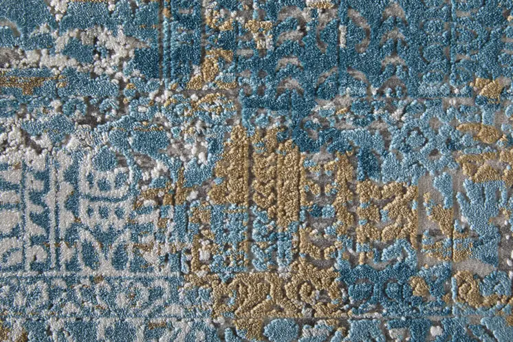 7' X 10' Blue Gold and Gray Abstract Power Loom Area Rug With Fringe