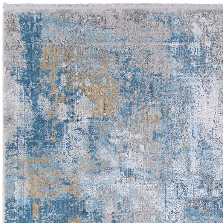 7' X 10' Blue Gold and Gray Abstract Power Loom Area Rug With Fringe