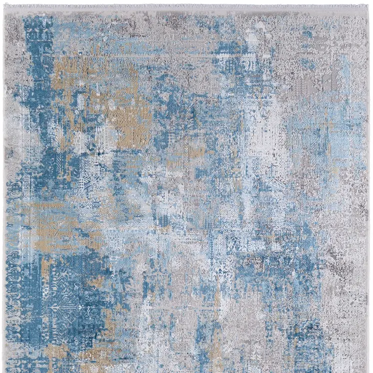 7' X 10' Blue Gold and Gray Abstract Power Loom Area Rug With Fringe