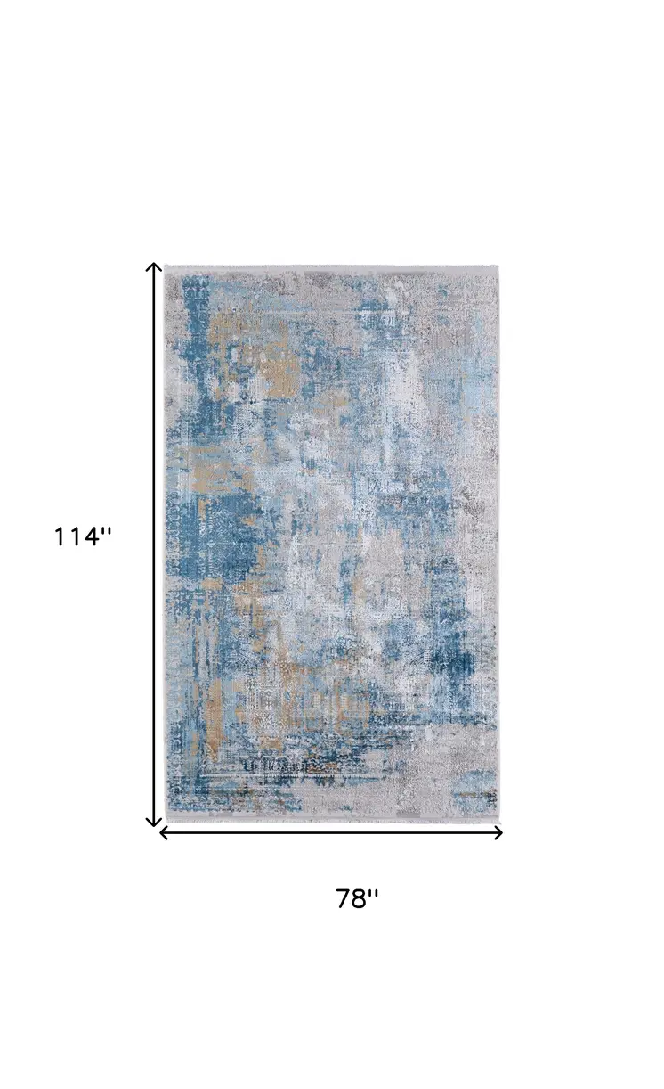 7' X 10' Blue Gold and Gray Abstract Power Loom Area Rug With Fringe