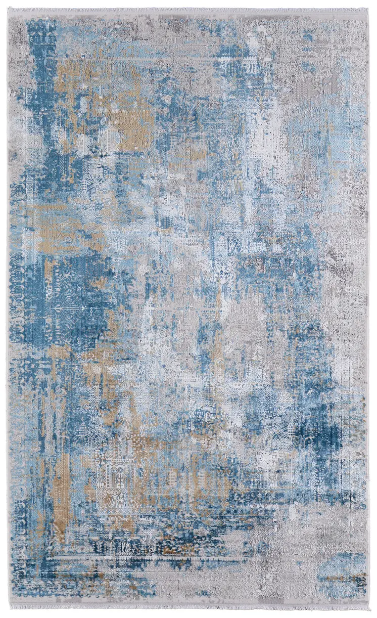 7' X 10' Blue Gold and Gray Abstract Power Loom Area Rug With Fringe