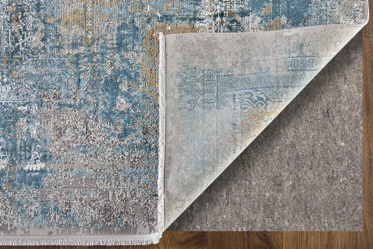 10' Blue Gold and Gray Abstract Power Loom Runner Rug With Fringe