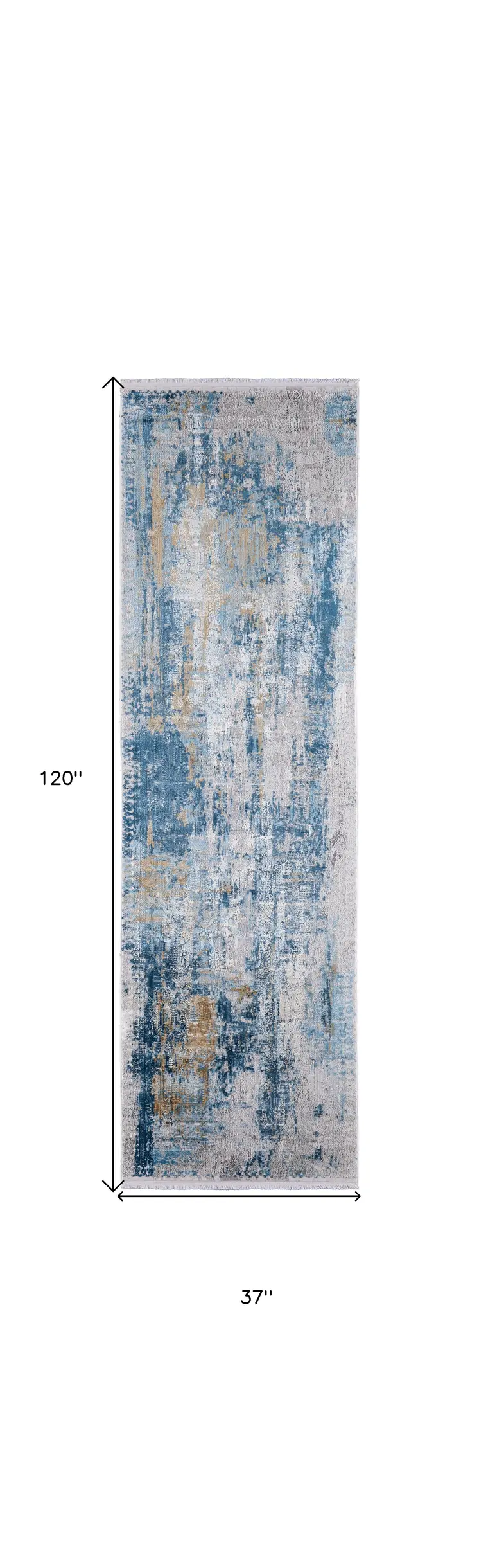 10' Blue Gold and Gray Abstract Power Loom Runner Rug With Fringe