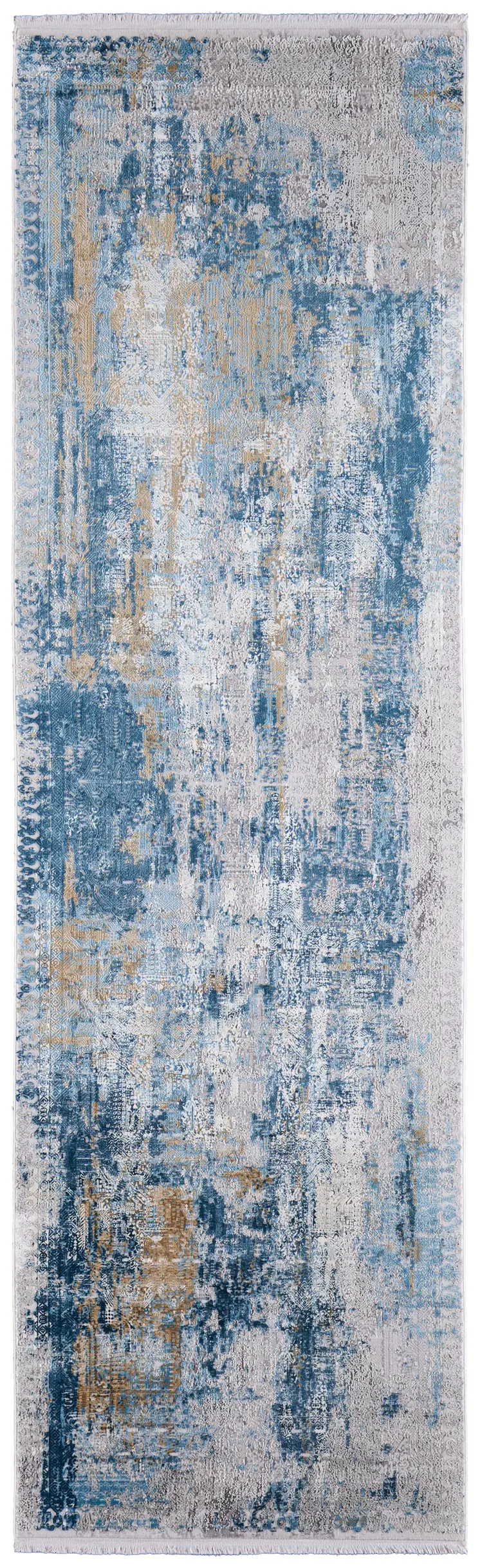 10' Blue Gold and Gray Abstract Power Loom Runner Rug With Fringe