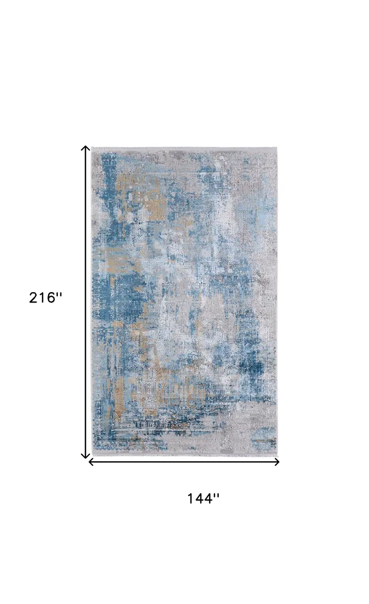 12' X 18' Blue Gold and Gray Abstract Power Loom Area Rug With Fringe