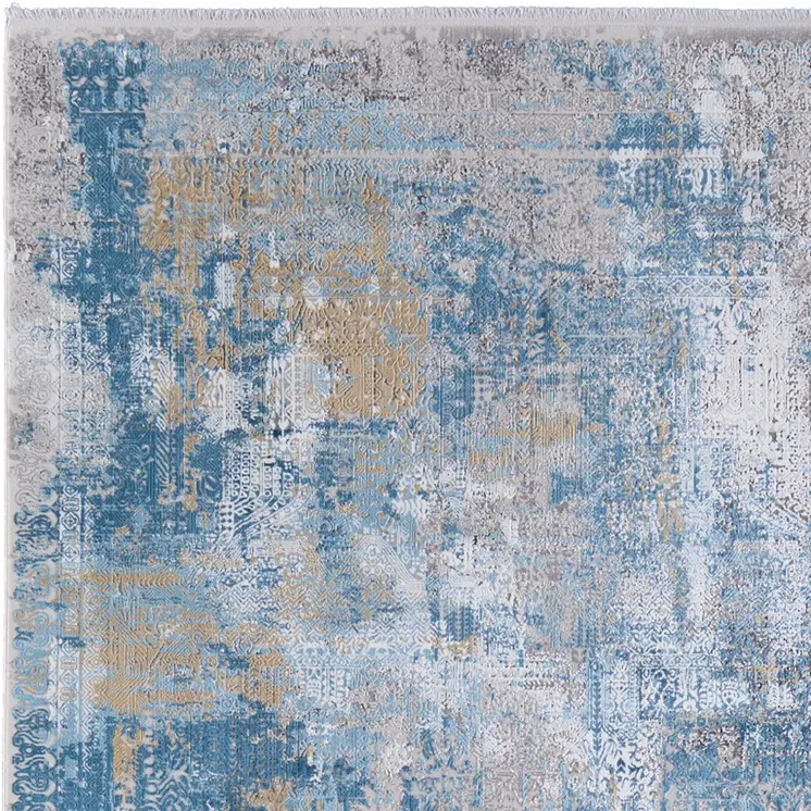 13' X 20' Blue Gold and Gray Abstract Power Loom Area Rug With Fringe