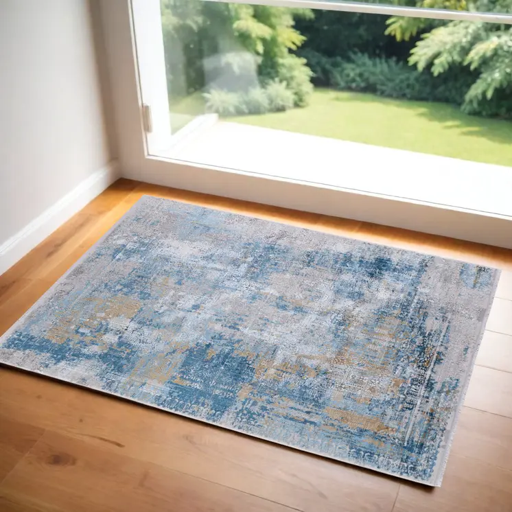 2' X 3' Blue Gold and Gray Abstract Power Loom Area Rug With Fringe