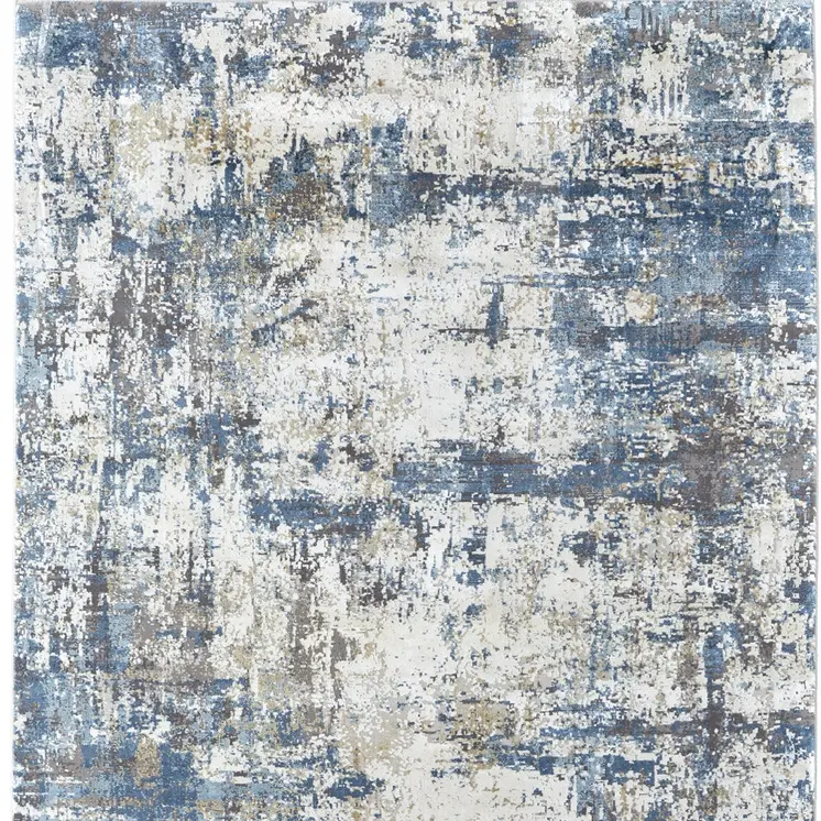 5' X 8' Ivory Tan and Blue Abstract Power Loom Area Rug With Fringe