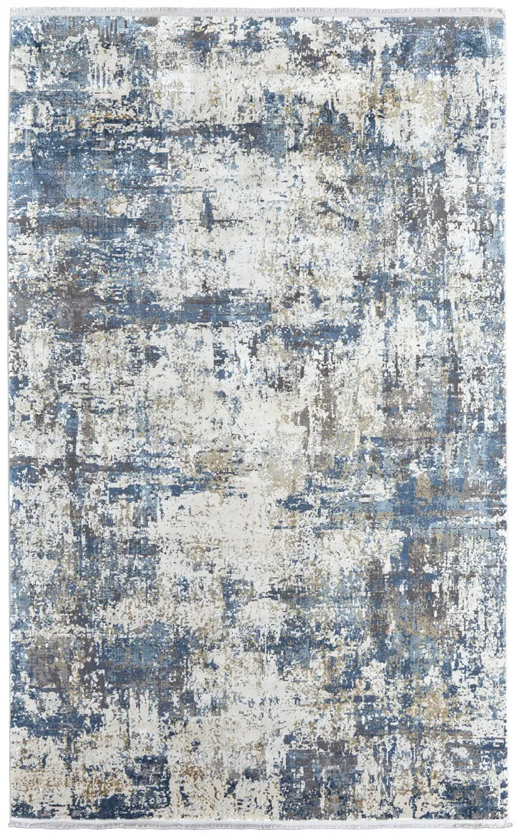 7' X 10' Ivory Tan and Blue Abstract Power Loom Area Rug With Fringe
