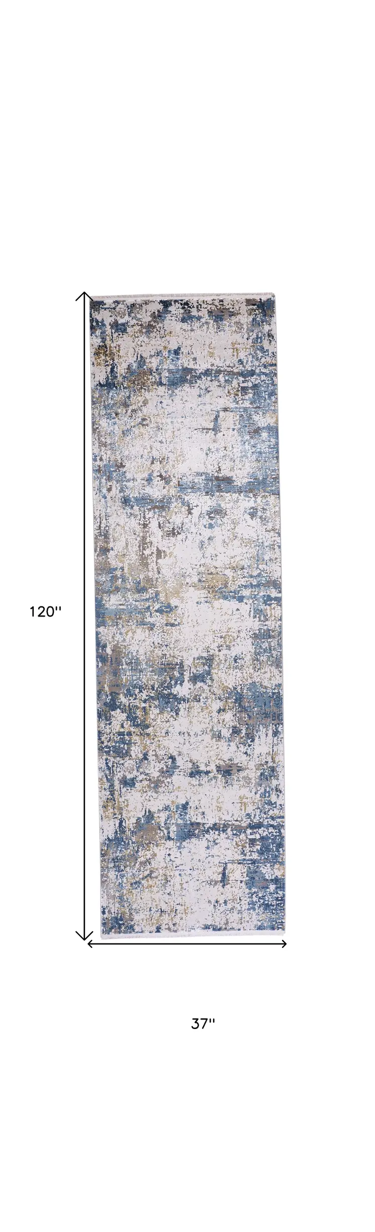 10' Ivory Tan and Blue Abstract Power Loom Runner Rug With Fringe