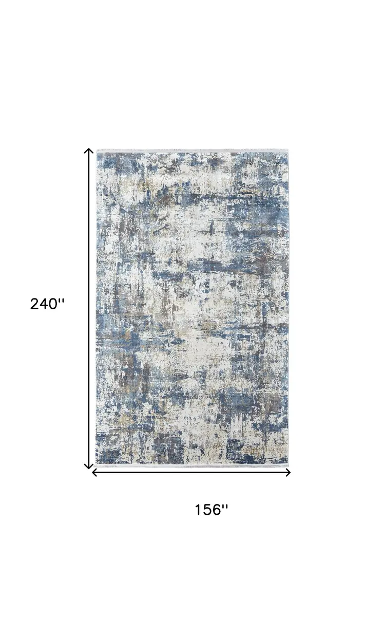 13' X 20' Ivory Tan and Blue Abstract Power Loom Area Rug With Fringe