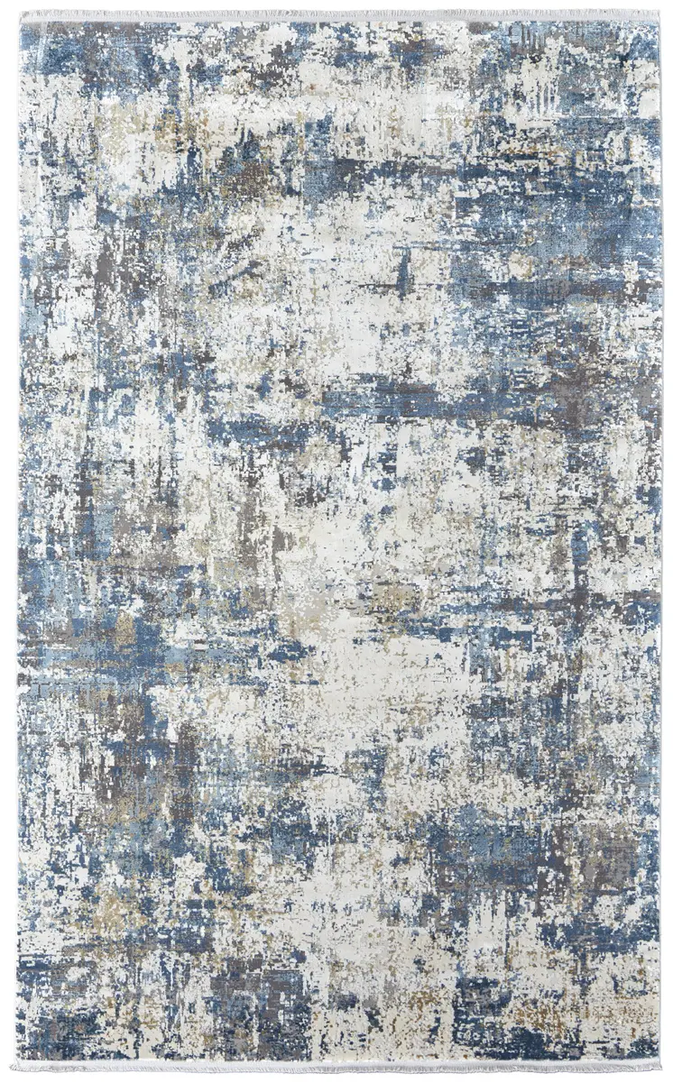 13' X 20' Ivory Tan and Blue Abstract Power Loom Area Rug With Fringe