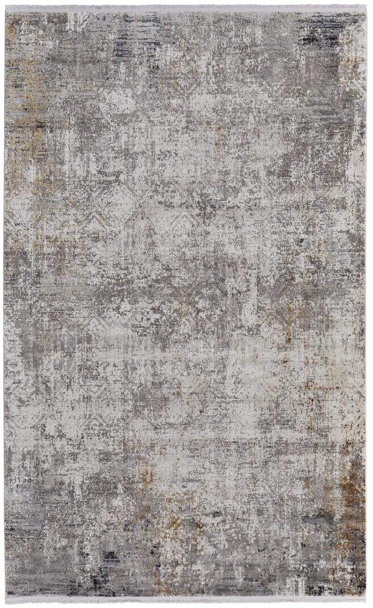 5' X 8' Ivory Taupe and Gray Abstract Power Loom Distressed Area Rug With Fringe