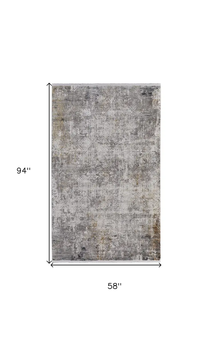 5' X 8' Ivory Taupe and Gray Abstract Power Loom Distressed Area Rug With Fringe