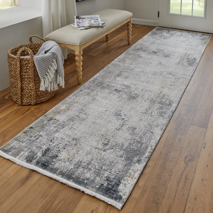 10' Ivory Taupe and Gray Abstract Power Loom Distressed Runner Rug With Fringe