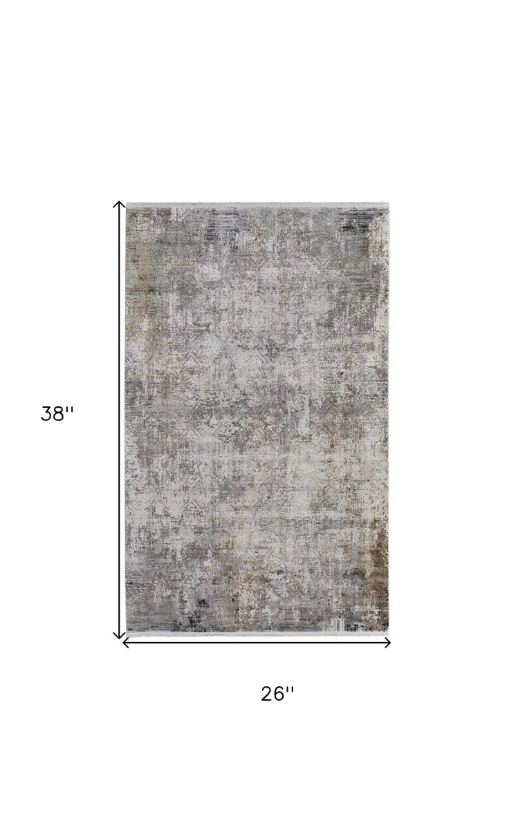2' X 3' Ivory Taupe and Gray Abstract Power Loom Distressed Area Rug With Fringe