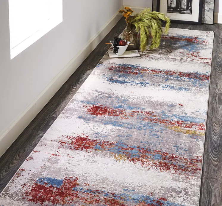 10' Gray Blue and Red Abstract Power Loom Runner Rug With Fringe
