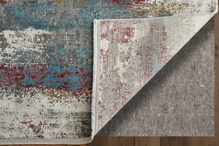 10' Gray Blue and Red Abstract Power Loom Runner Rug With Fringe