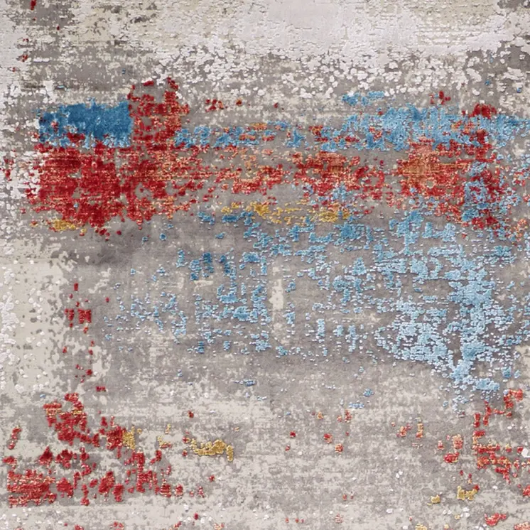 10' Gray Blue and Red Abstract Power Loom Runner Rug With Fringe