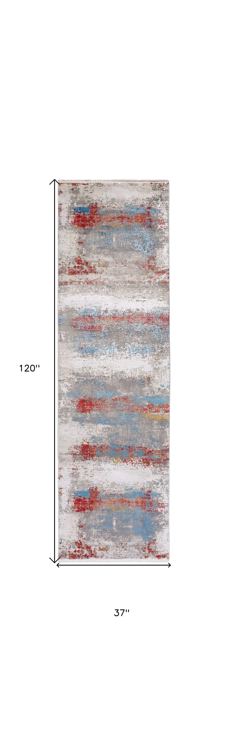 10' Gray Blue and Red Abstract Power Loom Runner Rug With Fringe