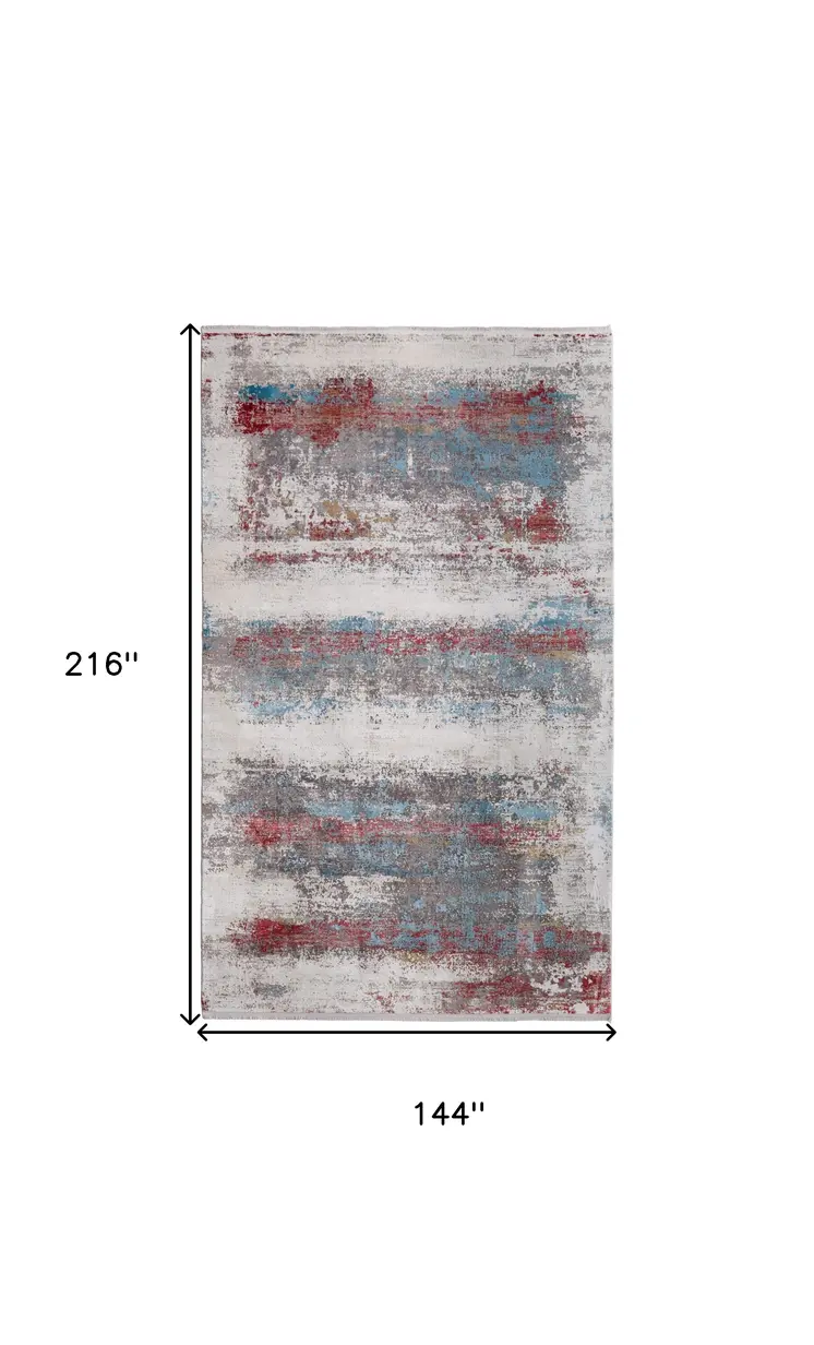12' X 18' Gray Blue and Red Abstract Power Loom Area Rug With Fringe