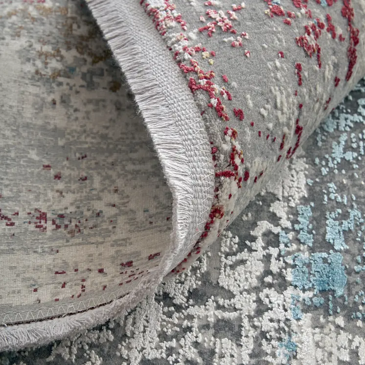 12' X 15' Gray Blue and Red Abstract Power Loom Area Rug With Fringe