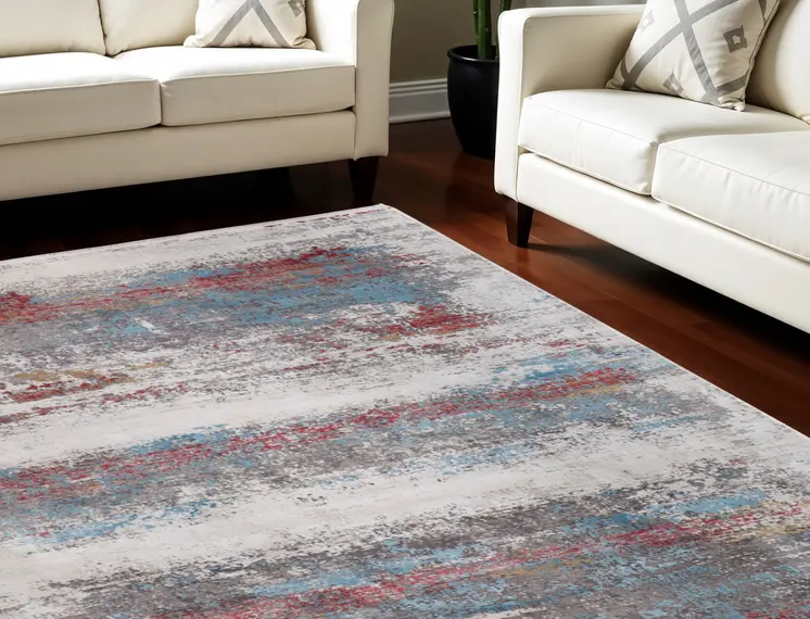 12' X 15' Gray Blue and Red Abstract Power Loom Area Rug With Fringe
