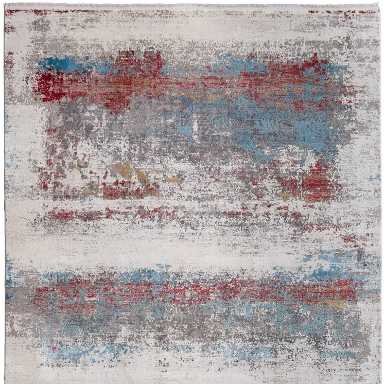 12' X 15' Gray Blue and Red Abstract Power Loom Area Rug With Fringe